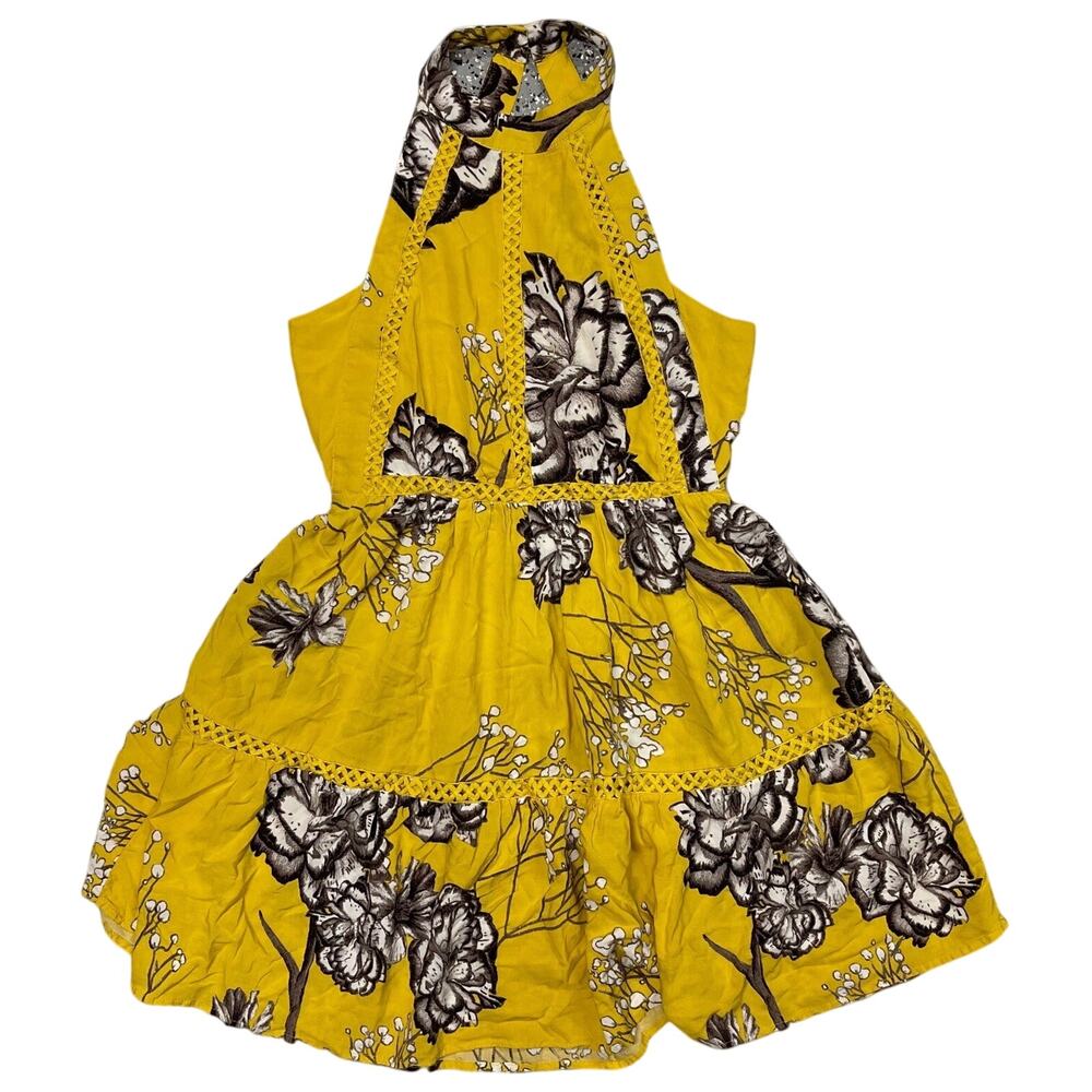 Jaase Floral Yellow Sun Dress Small Open Back High Neck Bohemian Summer